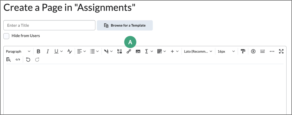 screenshot of the html editor with a label on the insert link icon