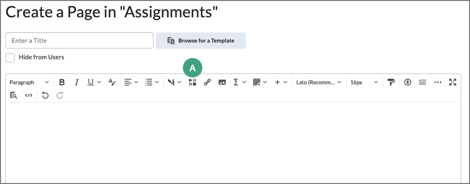 screenshot of the html editor with a label on the insert stuff icon