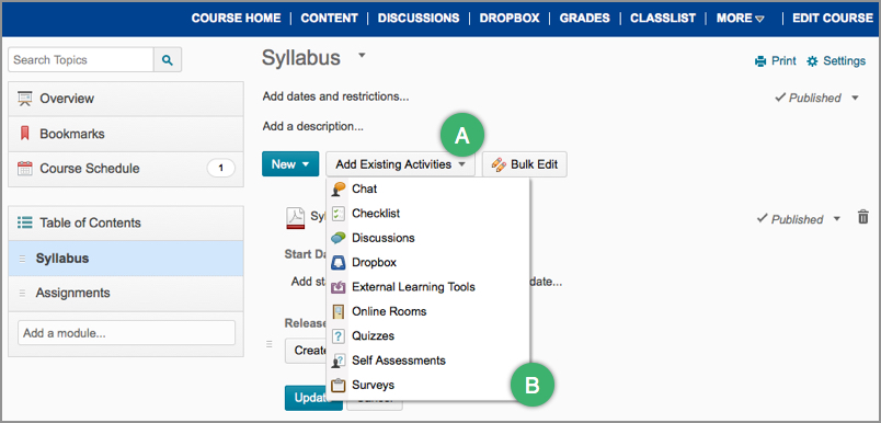 The Add Existing Activities menu and its options
