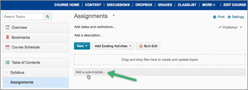 Adding submodules in D2L's Content area