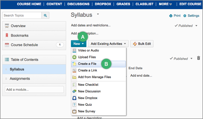 The Create a File option on the New dropdown menu in D2L's Content area
