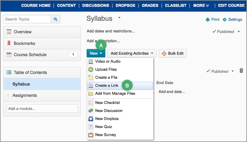 The Create a Link option on the New dropdown menu in D2L's Content area