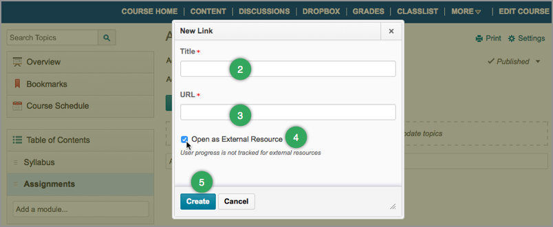 The Open as an External Resource checkbox for external hyperlinks in D2L's Content area