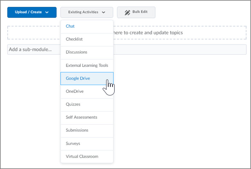 select Google Drive from Existing Activities dropdown select Google Drive from Existing Activities dropdown