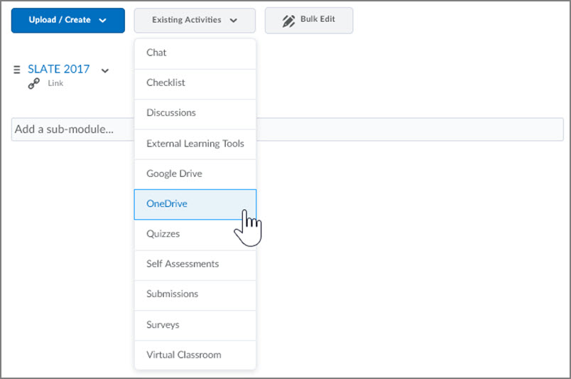 Select OneDrive from the Existing Activities dropdown Select OneDrive from the Existing Activities dropdown