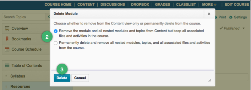 Options for deleting modules or topics from the Content area