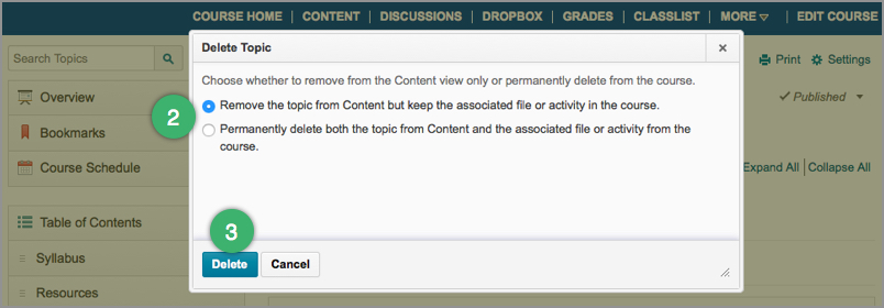 The options for deleting a topic