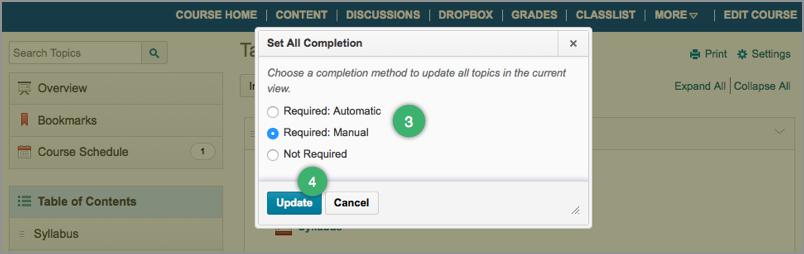 Selecting a completion option for the Table of Contents