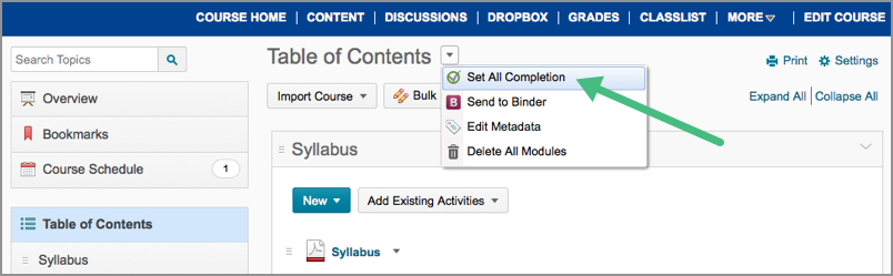 The Set All Completion option for the Table of Contents