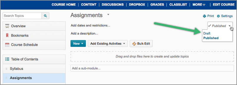 Status menu for a module