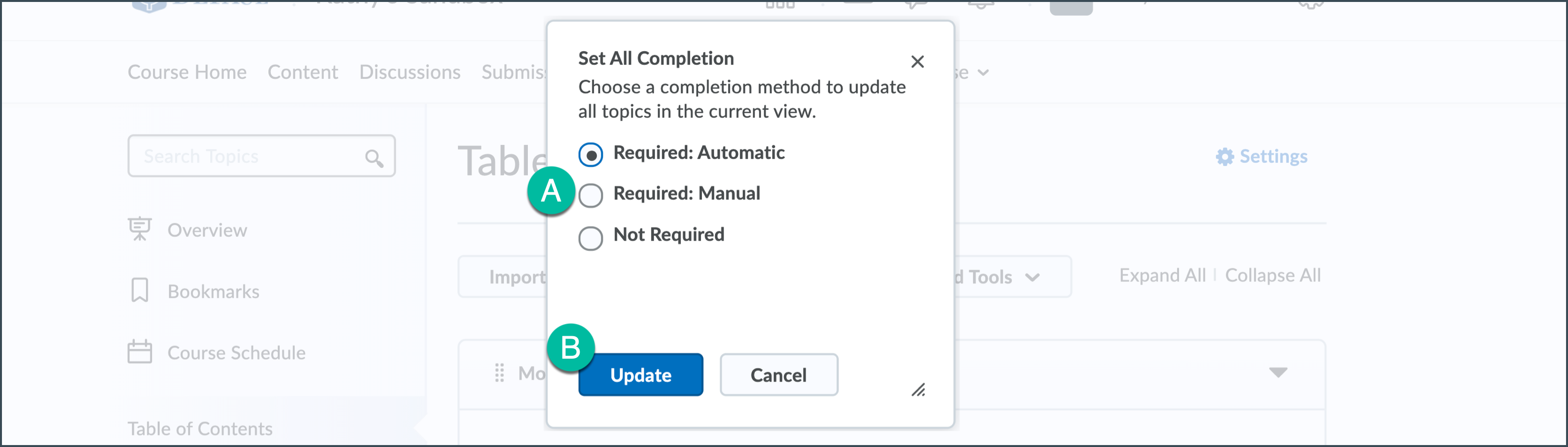 set requirements from the pop-up window