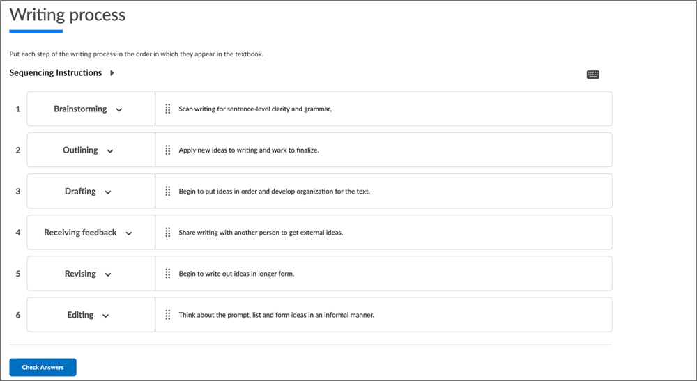 screenshot of a page in content displaying a sequencing question