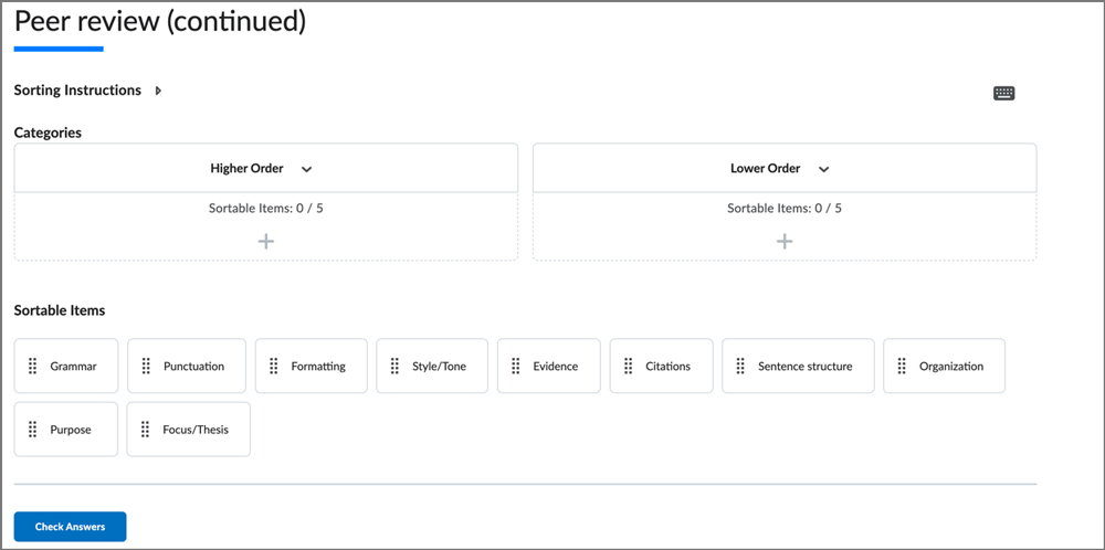 screenshot of a page in content displaying a sorting question