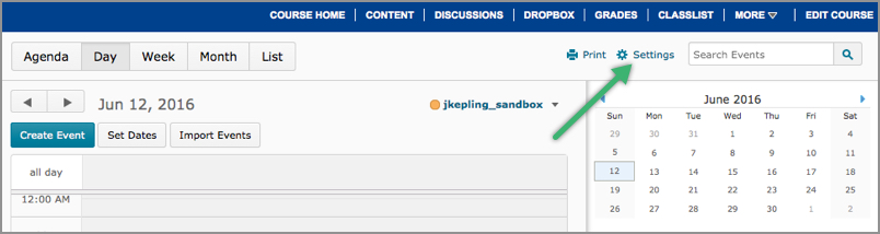 The settings link in D2L's Calendar