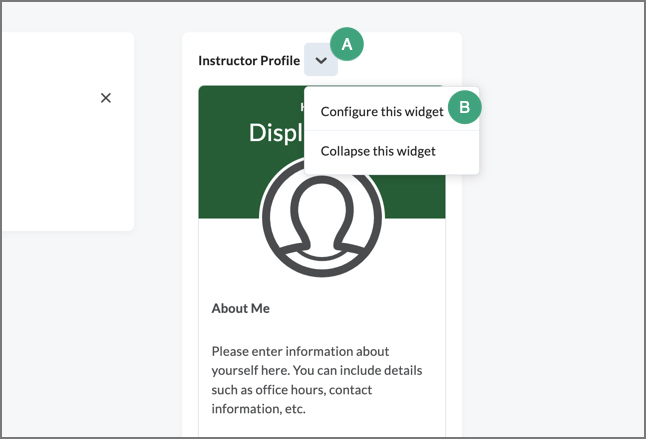 screenshot of the profile card widget with labels on the arrow and the dropdown options displayed