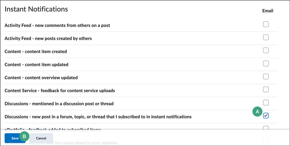 screenshot of the notification preferences area in d2l