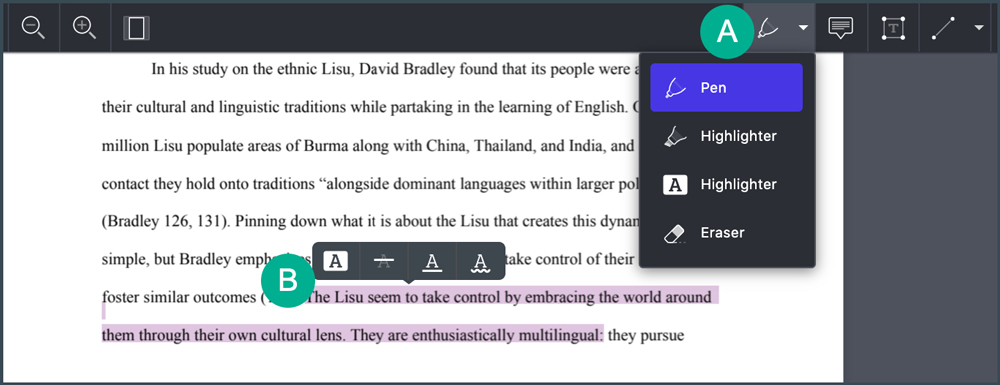 tool selections for markup and highlights tool selections for markup and highlights