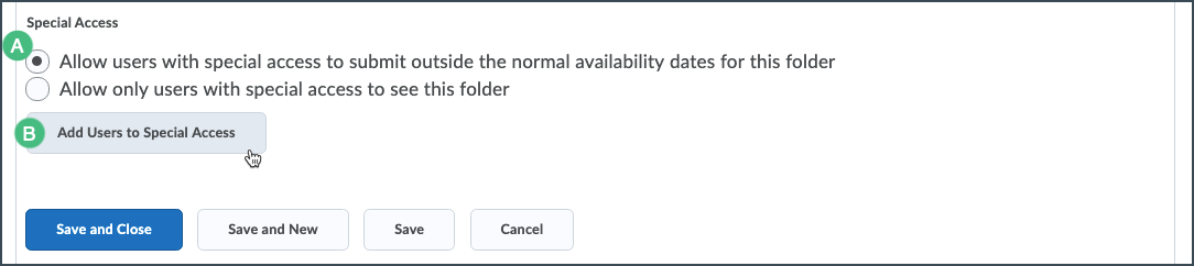 Submission folder restrictions tab with special access options highlighted Submission folder restrictions tab with special access options highlighted