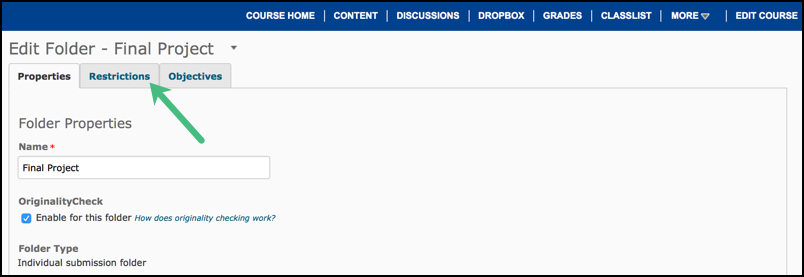 Restrictions options tab for a dropbox folder Restrictions options tab for a dropbox folder