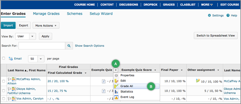 Grade All option for a grade item Grade All option for a grade item