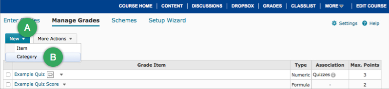 New Category option in the Grades area New Category option in the Grades area