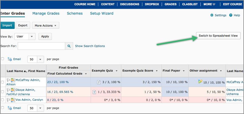 Switch to Spreadsheet View button in the Grades area Switch to Spreadsheet View button in the Grades area
