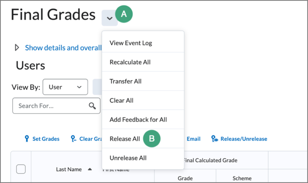 screenshot of the final grades area with the menu for releasing final grades displayed