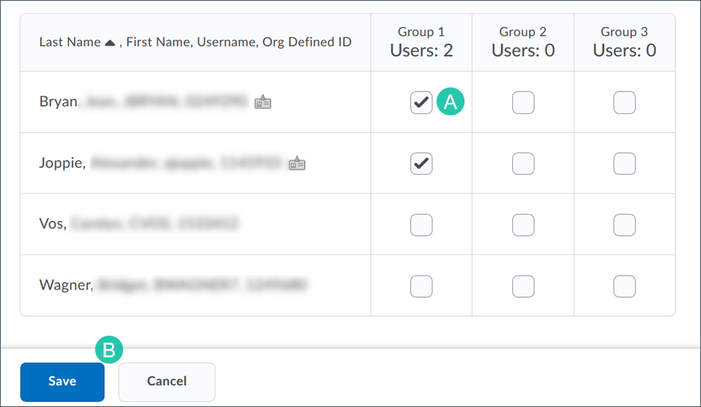 add students to groups using check boxes