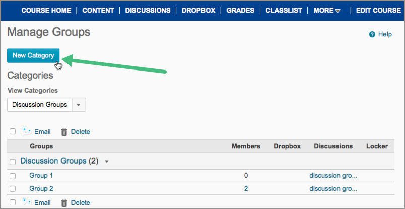 New Category button in D2L's Groups area New Category button in D2L's Groups area