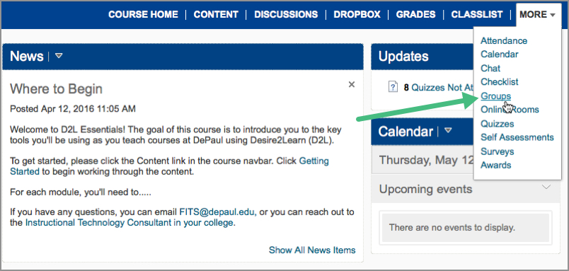 Groups link in the D2l navigation bar Groups link in the D2l navigation bar