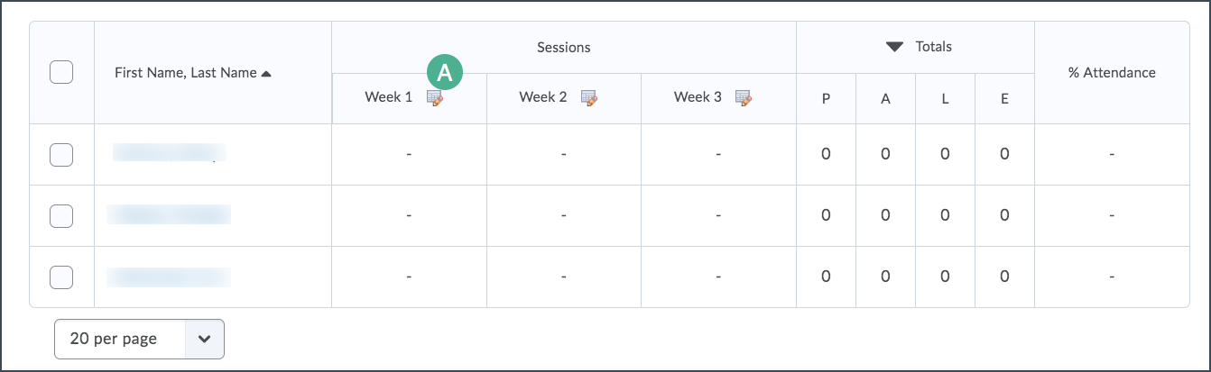 Image of attendance register sessions with option to open a session highlighted