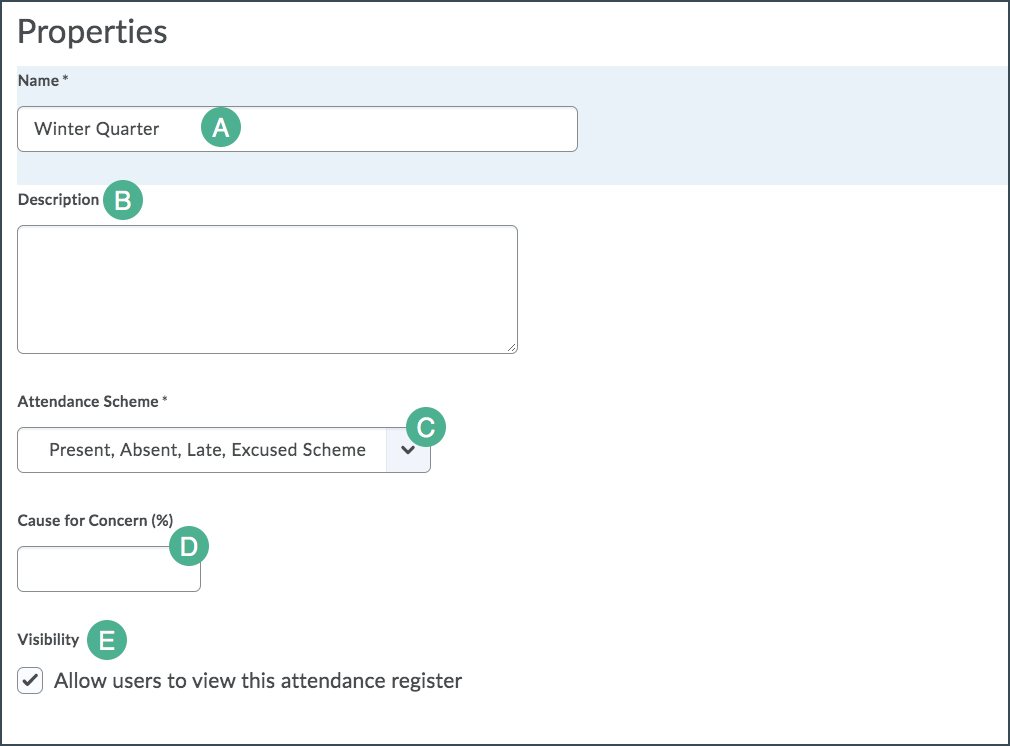 Image of properties settings for attendance register setup