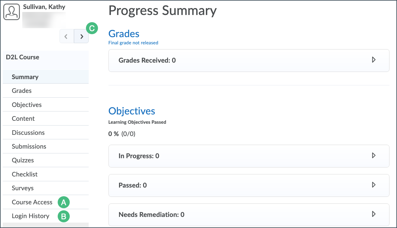 Screenshot of the Progress Summary page with the options to see login history and course access highlighted with lettered step markers