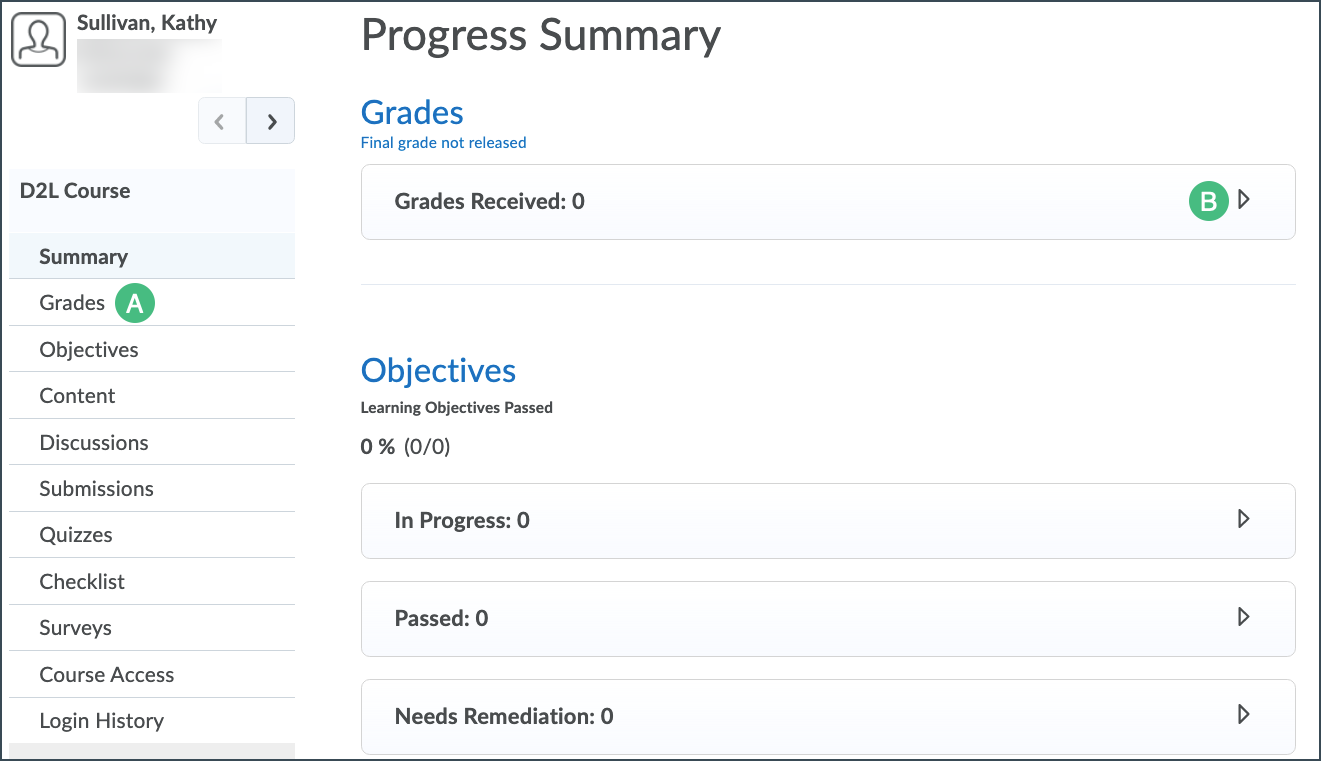 Screenshot of the Progress Summary page with the options to narrow by tools highlighted with lettered step markers