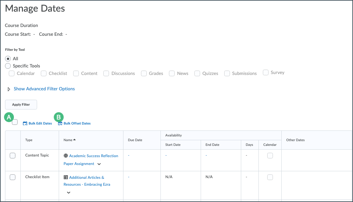 Manage Dates Tool with Select All Select box highlighted 