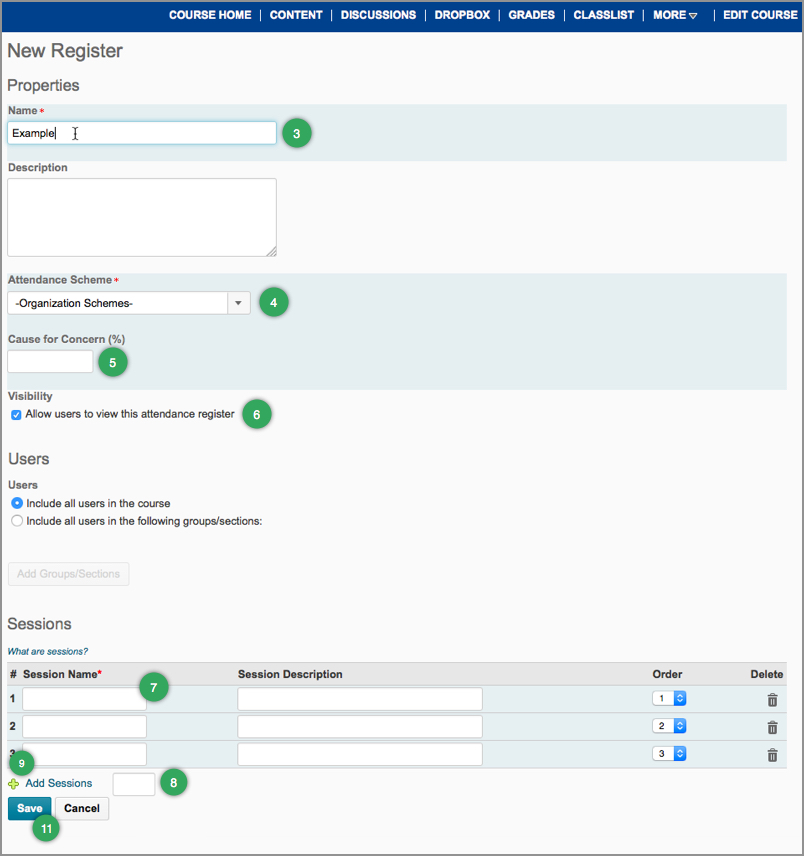 Attendance register set-up options Attendance register set-up options
