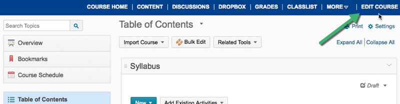 Activate course through the Edit Course link