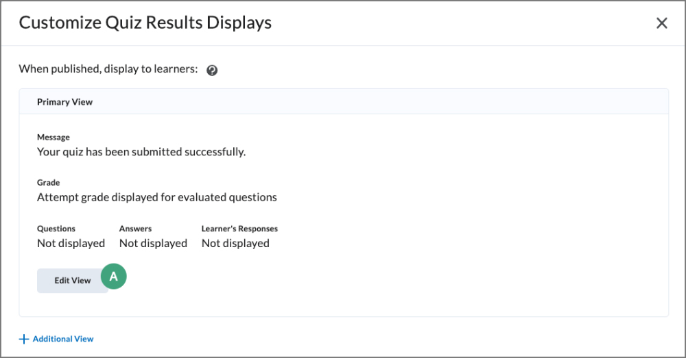 screenshot of quiz display options area with label on the edit view button