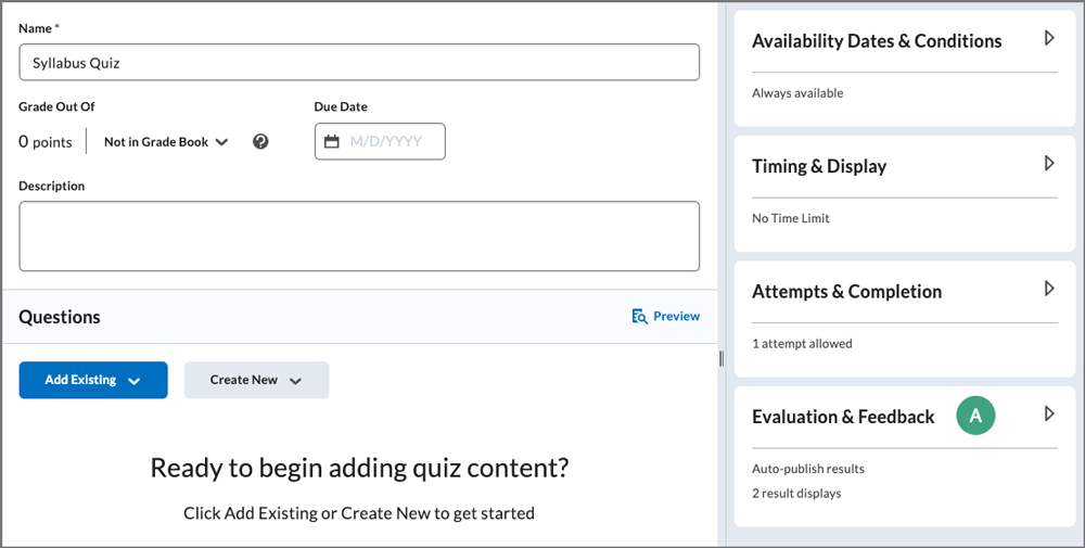 screenshot of the quiz creation page with a label on the evaluation and feedback tab