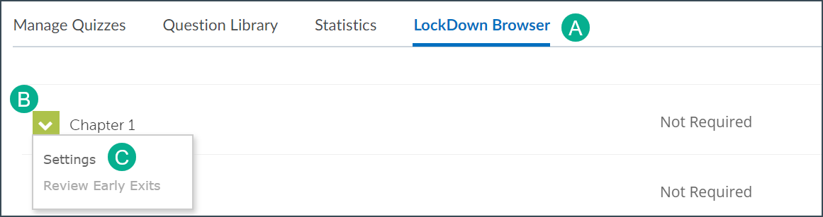 Visual depiction of the steps for enabling lockdown browser for quizzes.
