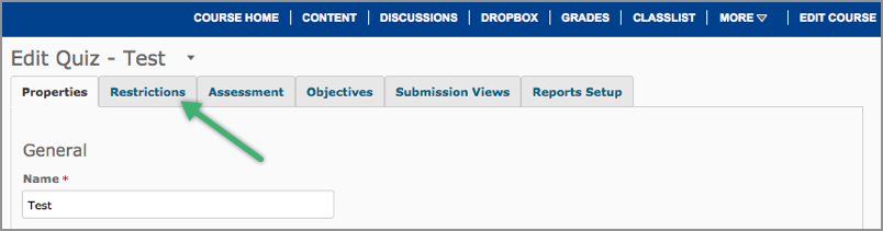 Restrictions tab in quiz settings Restrictions tab in quiz settings