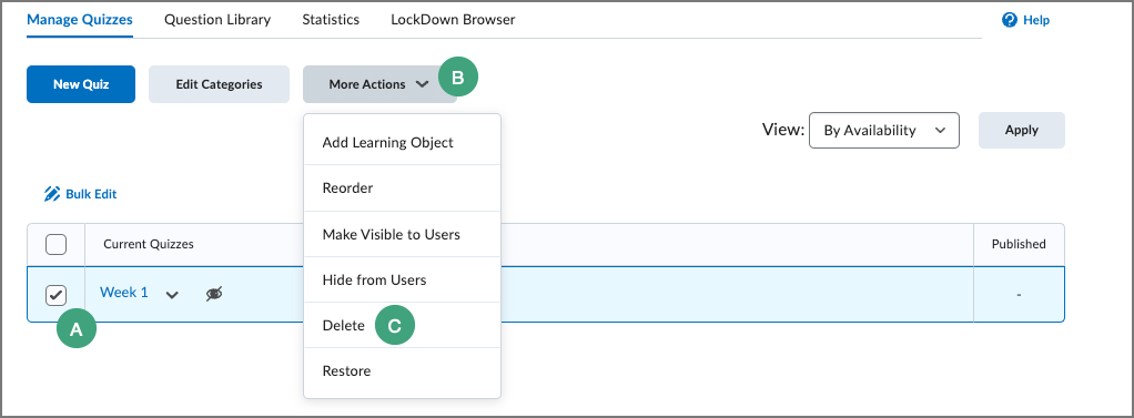 screenshot of the quizzes area in d2l with labels on steps for deleting a quiz