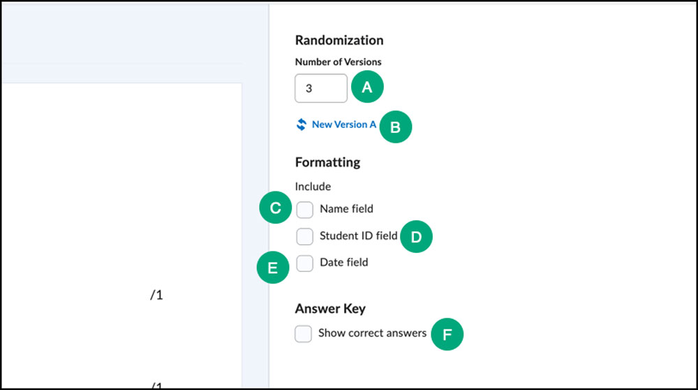 screenshot of print quiz settings