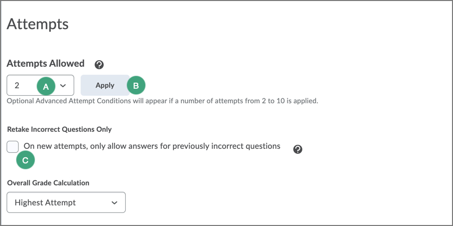 edit quiz assessment page with focus on number of attempts