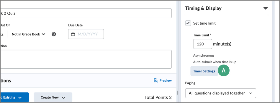 screenshot of quiz creation interface with a label on timer settings