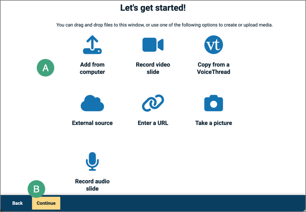 screenshot of the voicethread setup interface with labels on options for adding media and the continue button