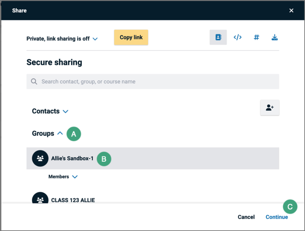 screenshot of voicethread sharing interface with a label on the outlined options