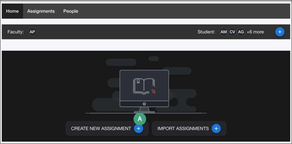 screenshot of the digication course home page with a label on the button to create an assignment