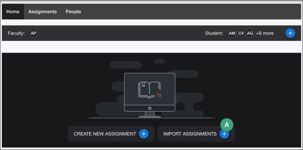 screenshot of digication course home page with a label on the import assignment button