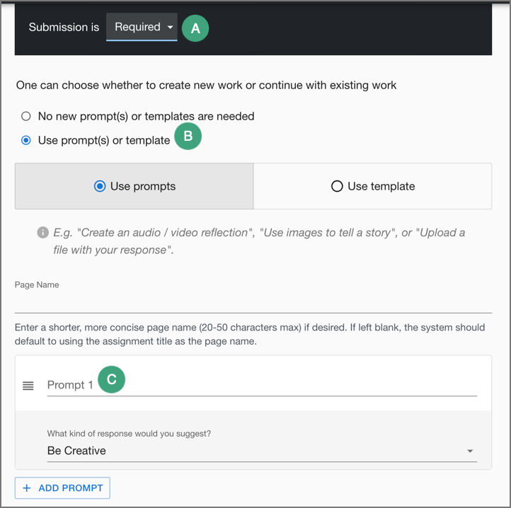 screenshot of the digication assignment creation page with labels on different options for settings